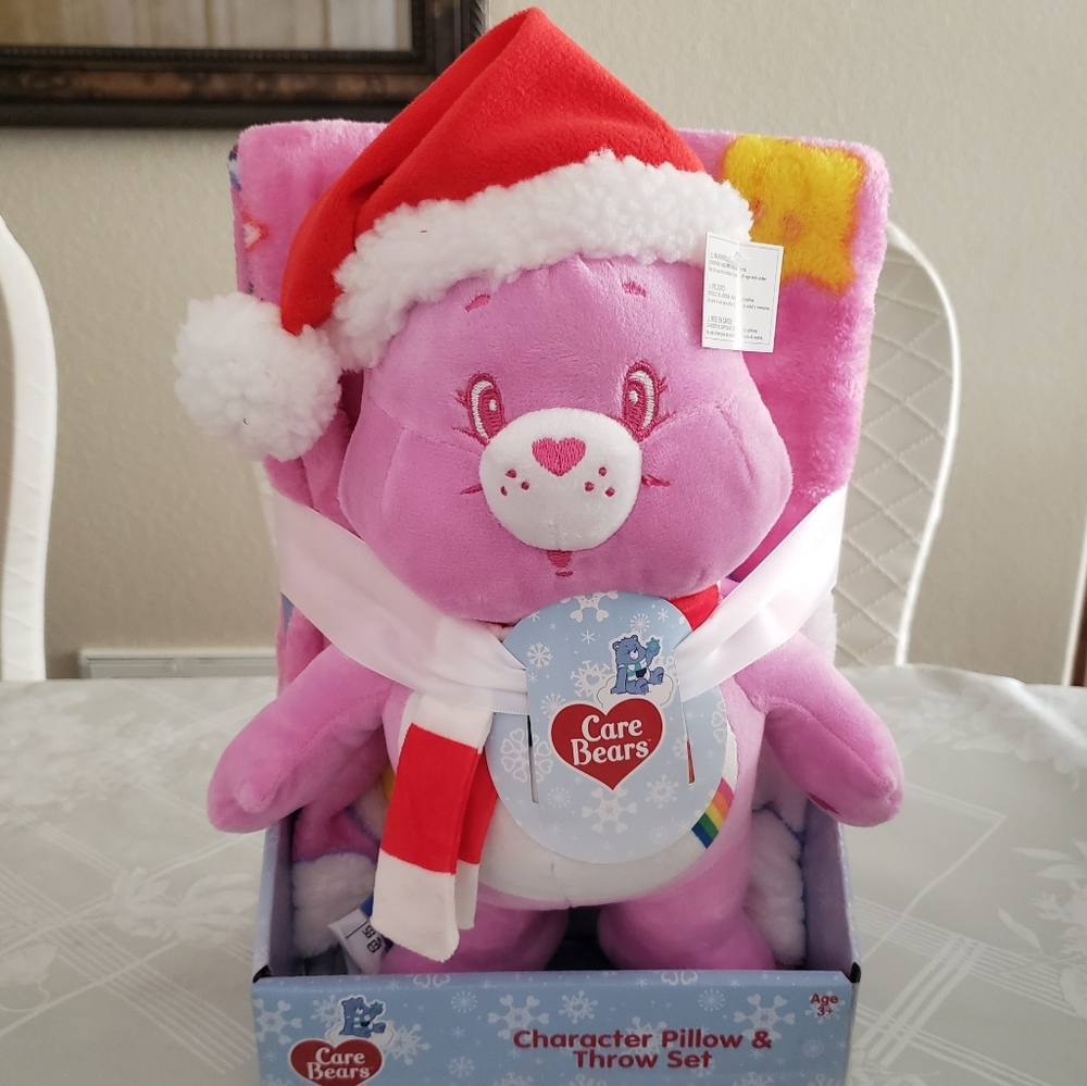 Care Bears Christmas Pink Cheer Bear Plush Pillow & Throw Set NWT